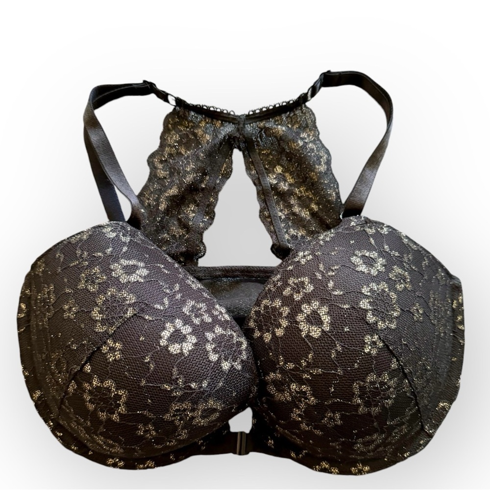 Victoria’s Secret Gold Black Lace Sexy Push Up Bra Racer Back 32DD Front closure